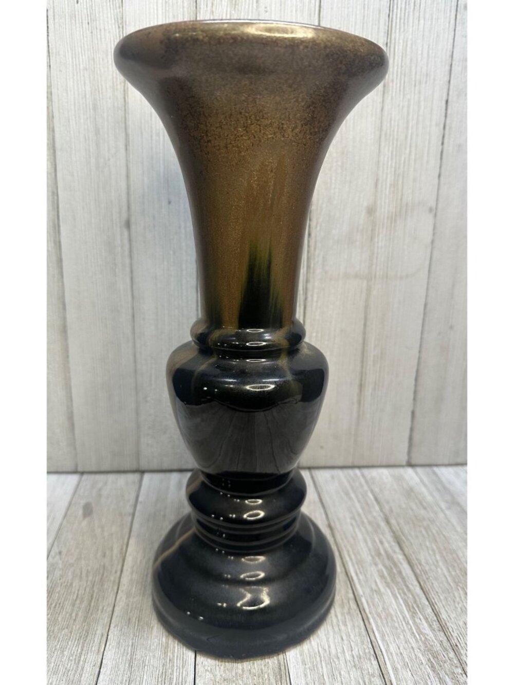 Vtg Ceramic Brown Black Candle Holder 12" Tall Home Decor 5" Diameter Two Tone